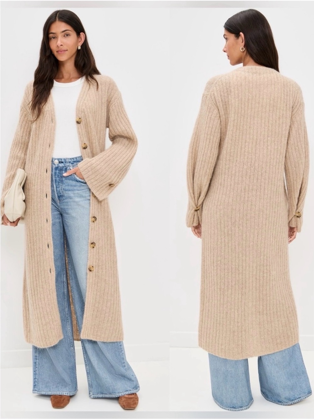 Long Ribbed Button-Front Mohair Cardigan — Beige
